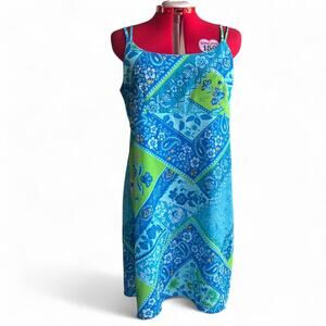 Blue & Green Paisley Bandana Floral Print Strappy Sun Dress Size Large